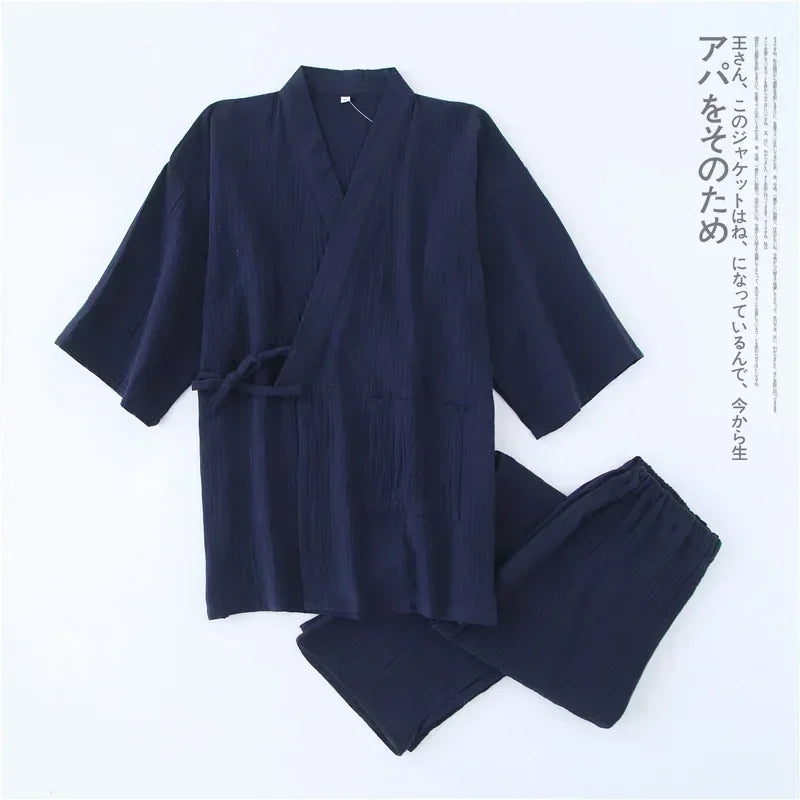 2026 Men's 100% Cotton Cotton Crepe Cloth Pajamas Sets Plus Size Loose V-neck Kimono Bathrobes and Pants Couple Lounge Sleepwear