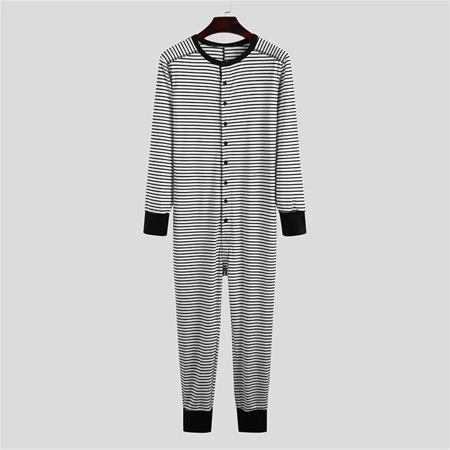 Men's Striped Polyester O-neck Jumpsuit