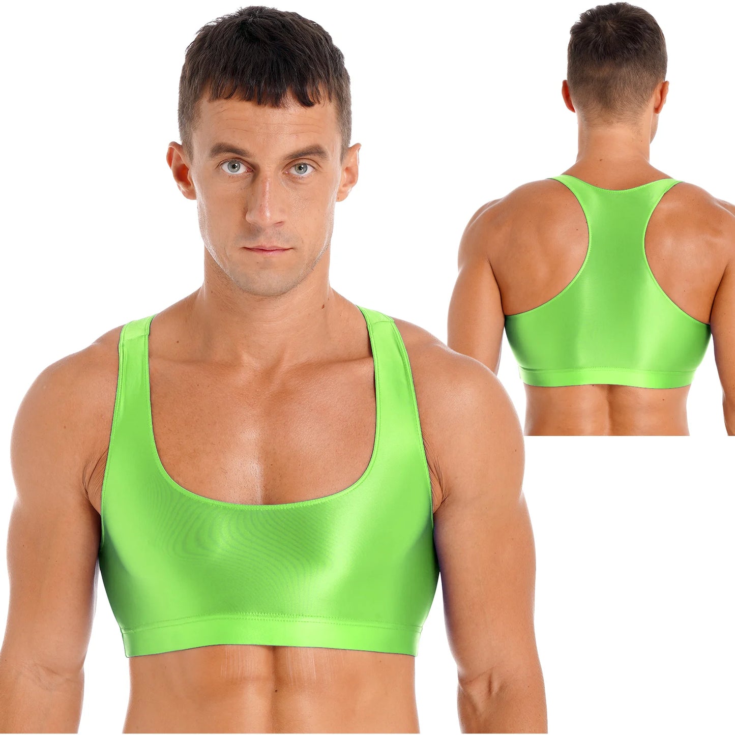 Mens Glossy Crop Top Short Sleeve Oil Shiny Slim Fit Sports Fitness T-shirt Tee Workout Cheer Booty Dance Tops Swimwear Clubwear
