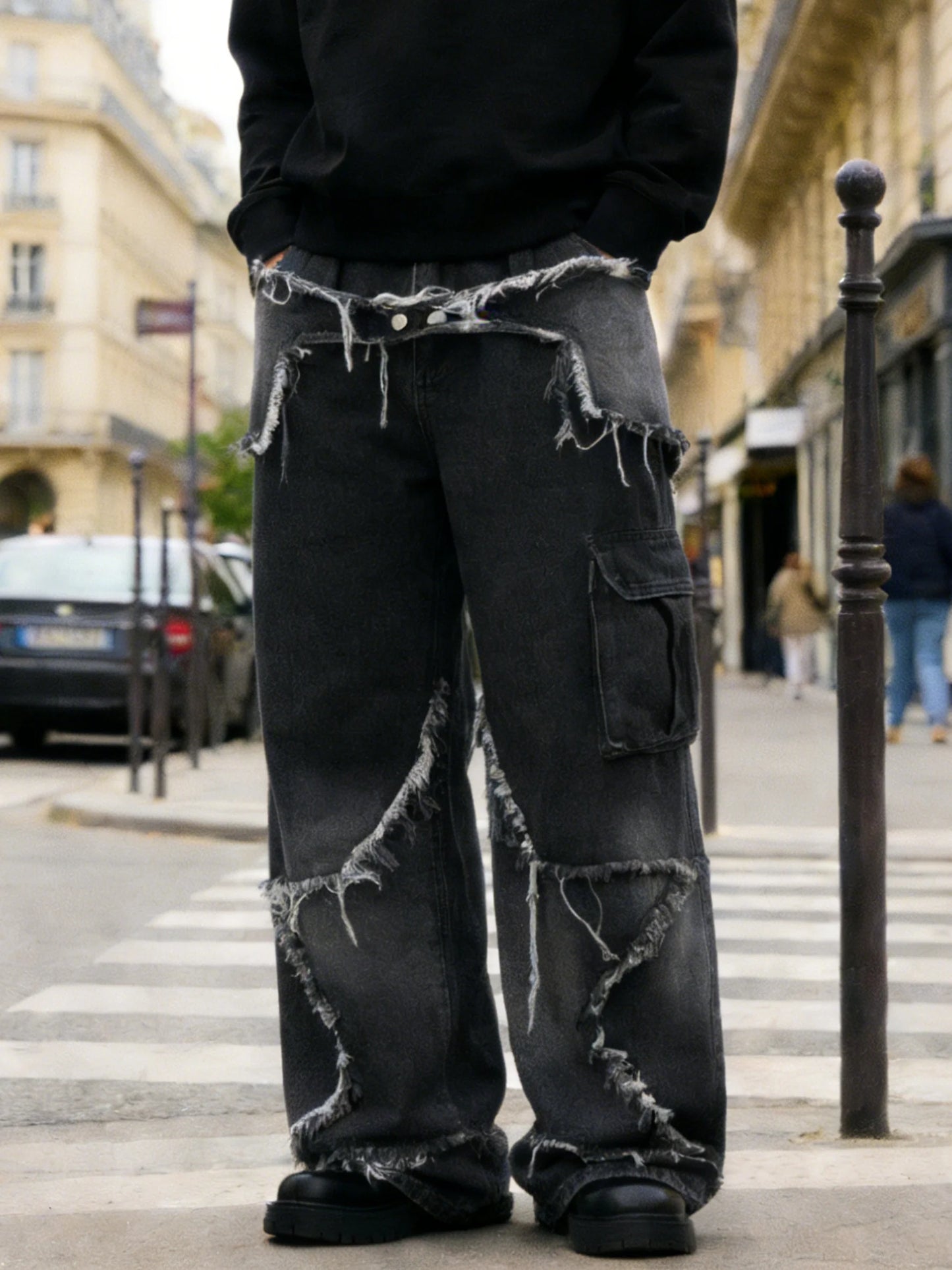 Dark style irregular frayed ripped jeans, men's multi-pocket design, loose drape wide-leg trendy brand long pants