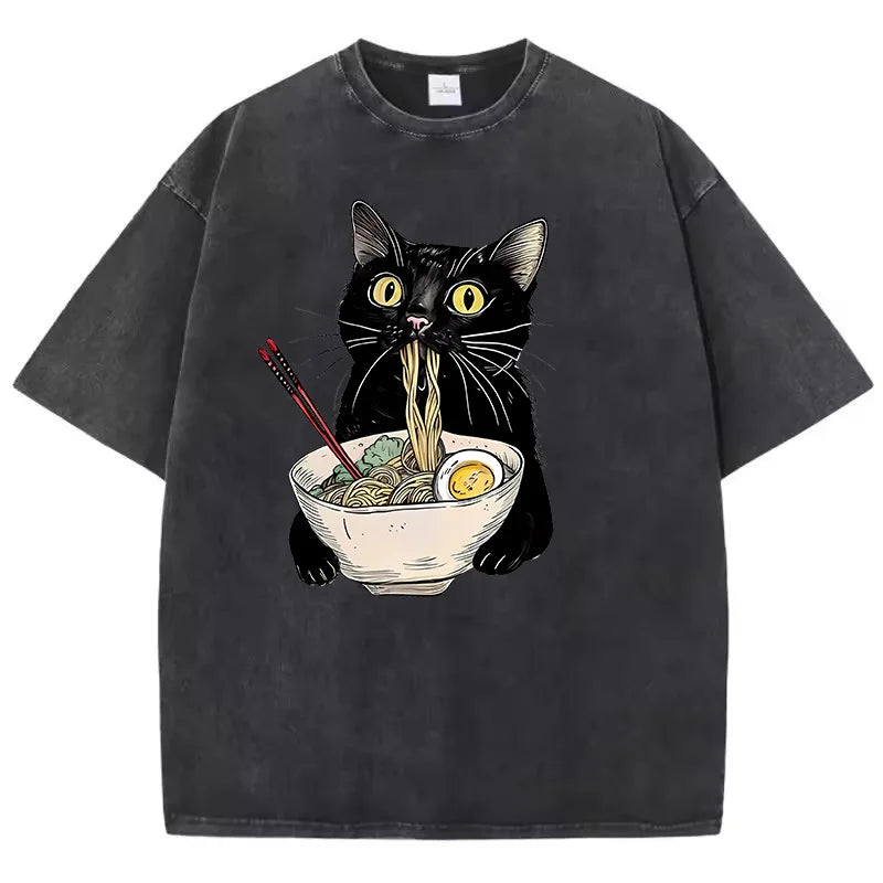 Black Cotton Cat Eating Ramen Graphic Tee