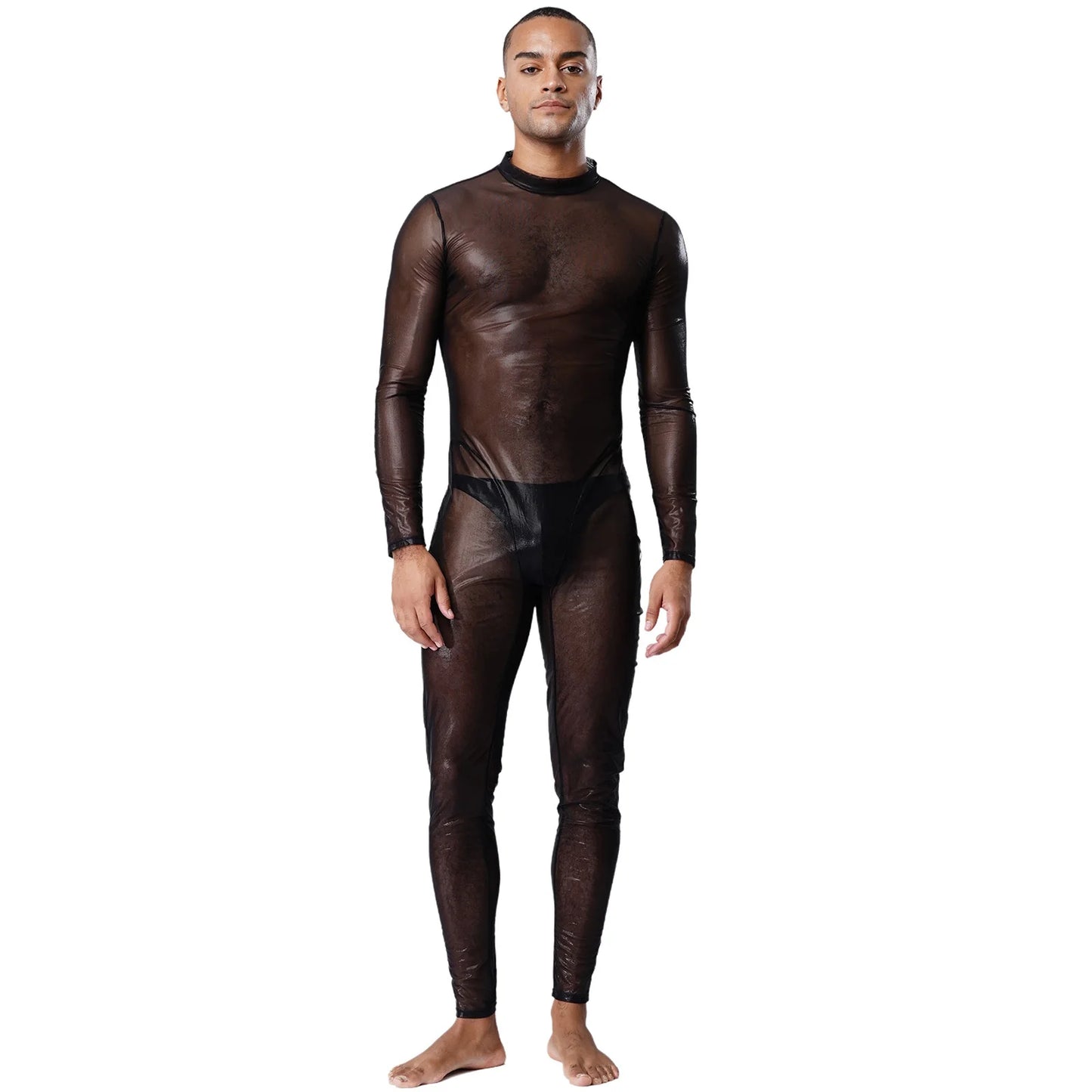 Mens Lingerie Tights Long Pants Metallic Shiny Full Body Unitard Back Zipper Catsuit Bodysuit Leggings Sheer Jumpsuit Clubwear