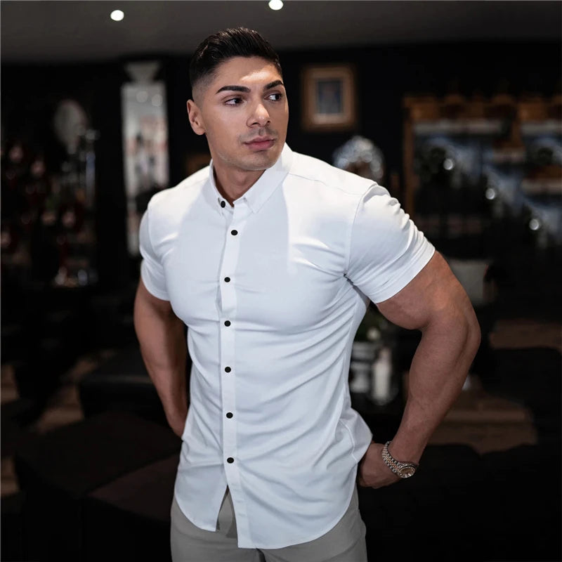Men's Casual Short Sleeve Slim Fit Shirt in Polyester