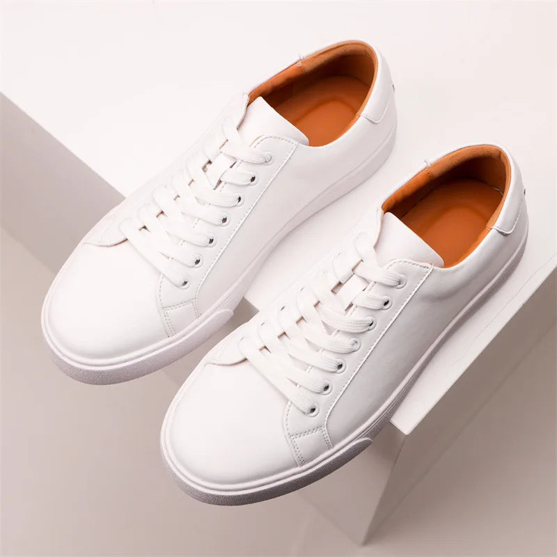 Genuine Leather White Sneakers for Men Casual Outdoor Use Non-Slip Breathable Handmade