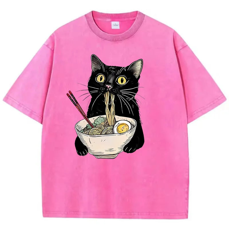 Black Cotton Cat Eating Ramen Graphic Tee