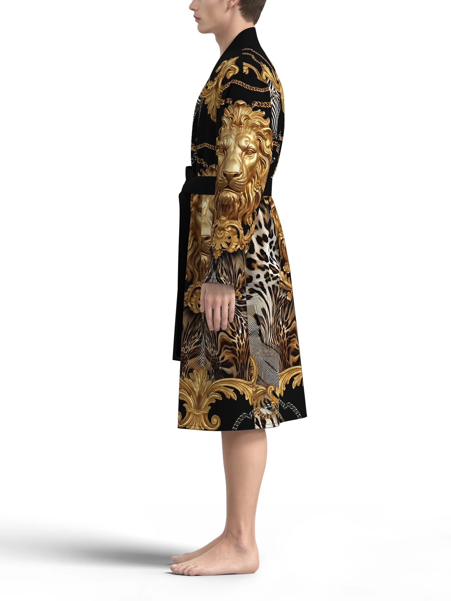 Men's Luxurious Baroque Lion Head Print Kimono Bathrobe Gold Leopard Print Long Sleeve Lounge Clothes Casual Nightgown