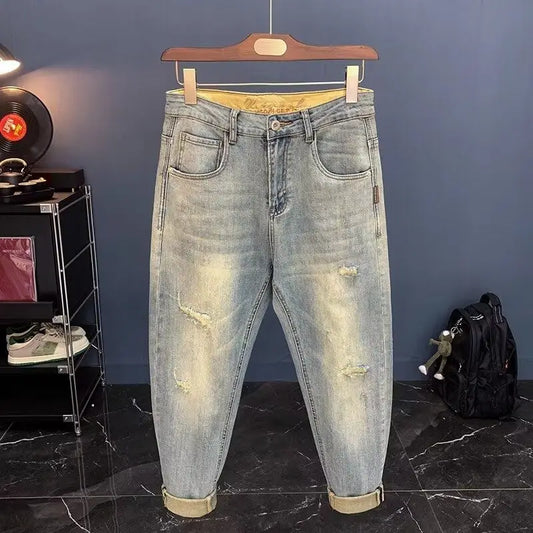 Men's Slim Ripped Denim Jeans for Spring and Autumn