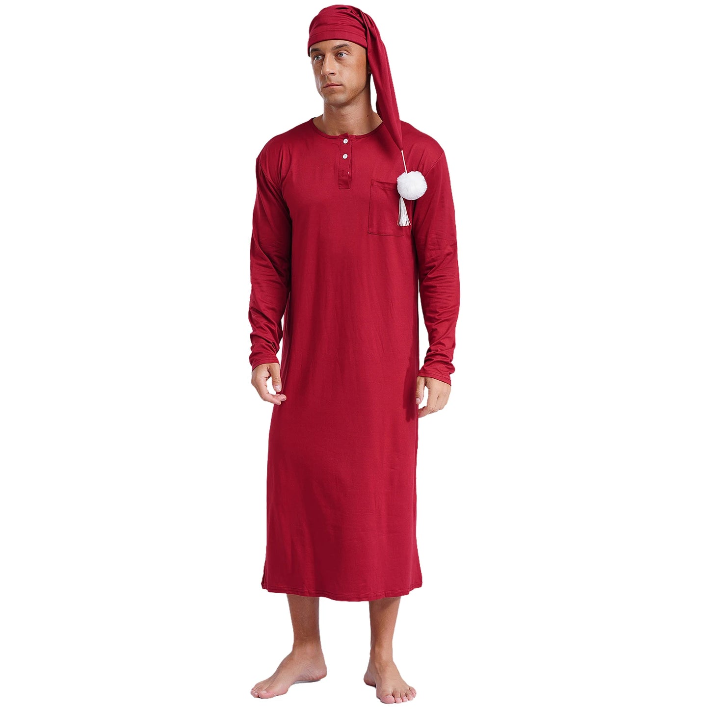 Mens Solid Color Long Sleeve Sleep Robe with Night Cap Round Neck Big & Tall Nightshirts Home Loungewear Pajamas Sleepwear