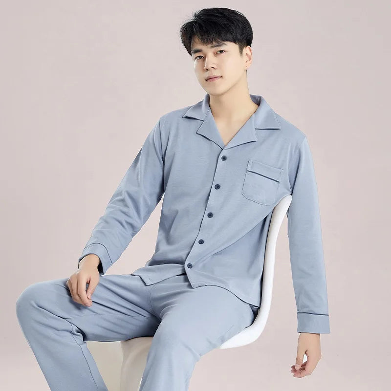 Men's  Cotton Pajamas Set Button-Down Warm Pijamas Hombre Soft Breathable Cotton Sleepwear Homeclothes PJ Grey Loungewear
