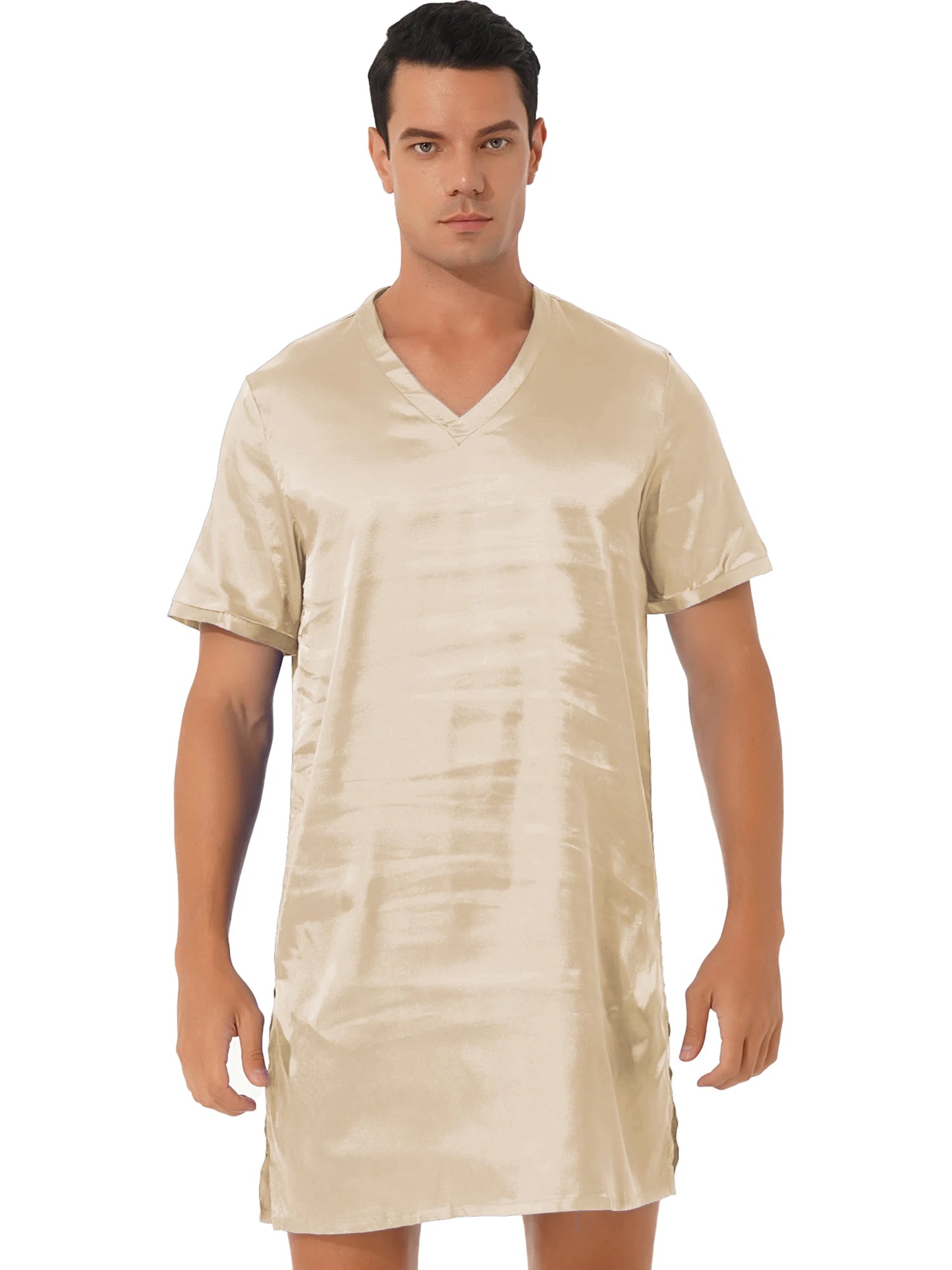 Women Men Silk Satin Pajamas Sleepwear Short Sleeves Nightshirt Kimono Bathrobe Sleep Gown Robe Summer Nightgown Homewear