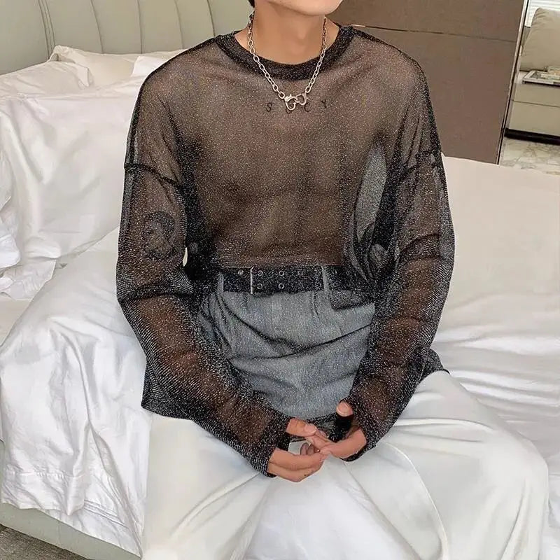 Man T-shirt Sheer Mesh Round Neck Long Sleeve Sexy Men's Clothing Tops Out Streetwear Party Thin Style Clothes