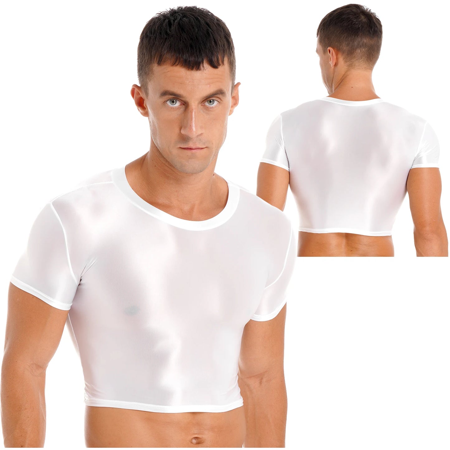 Mens Glossy Crop Top Short Sleeve Oil Shiny Slim Fit Sports Fitness T-shirt Tee Workout Cheer Booty Dance Tops Swimwear Clubwear