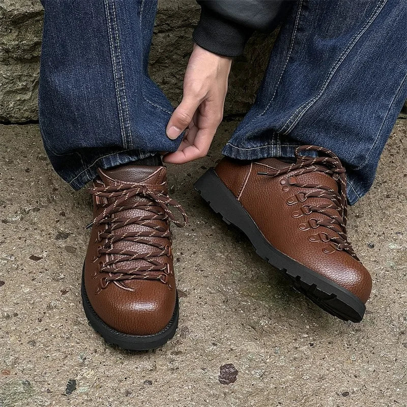 Leather Casual Shoes for Men with Lace-Up Closure