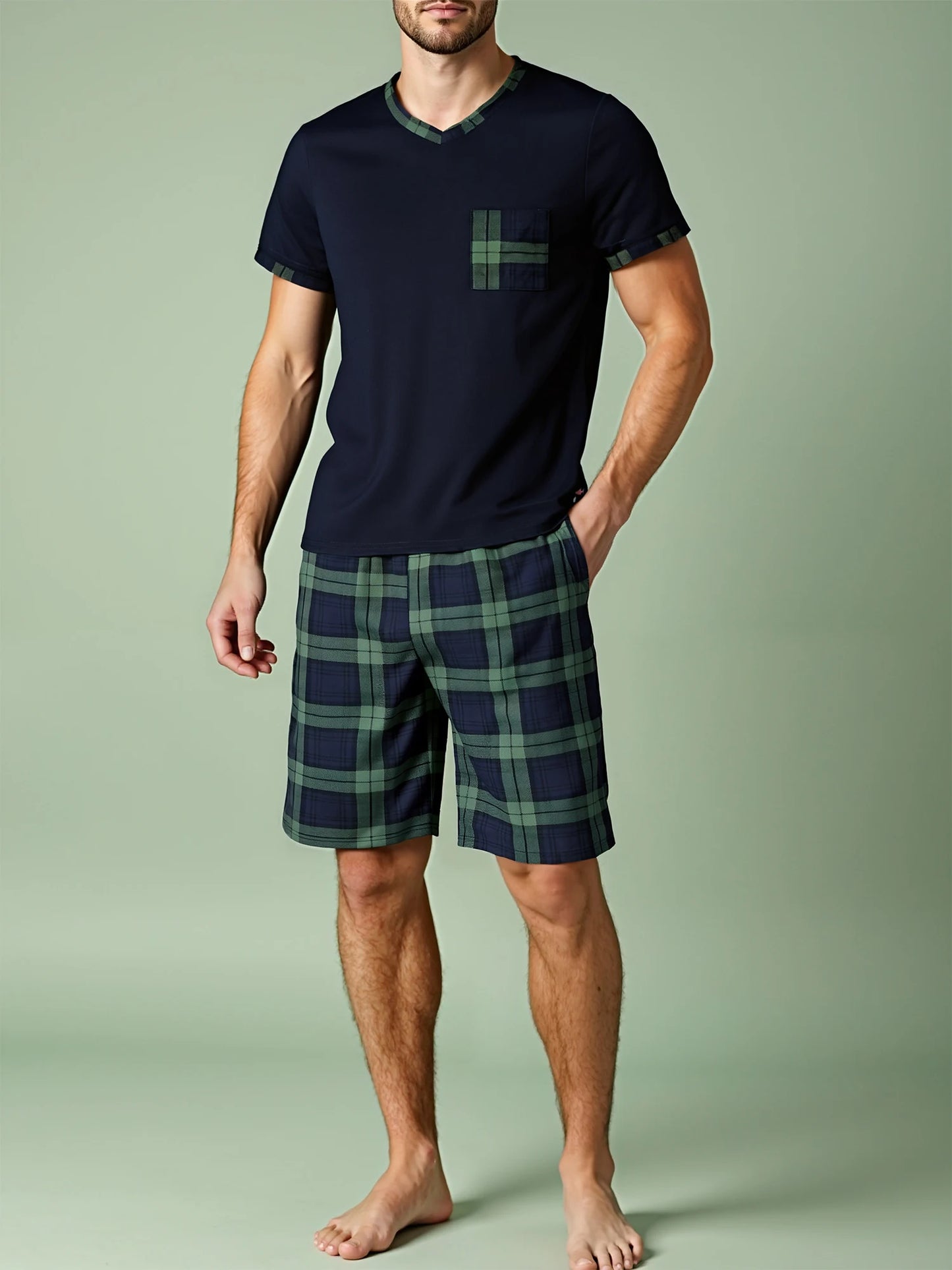 Men's Plaid Short Sleeve Pajama Set