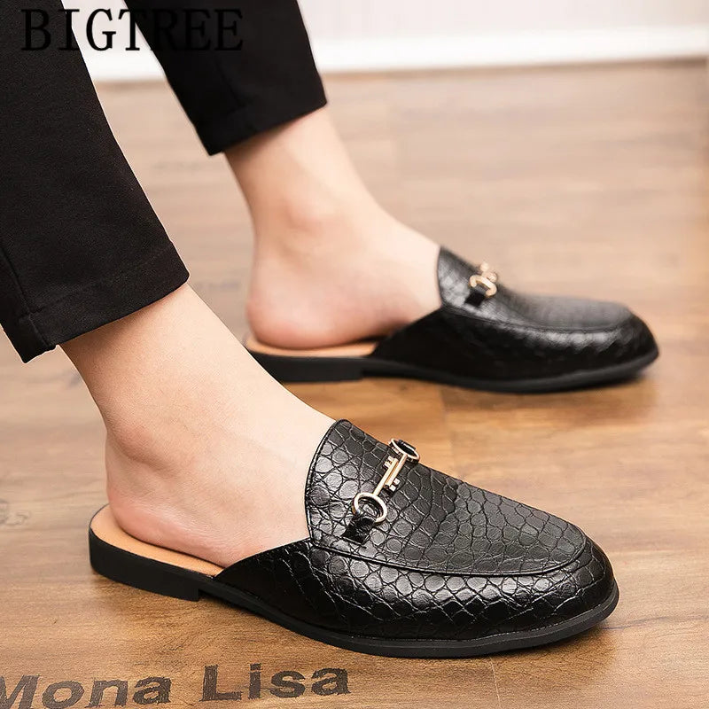 Men's Leather Mules Slippers with Metal Decoration