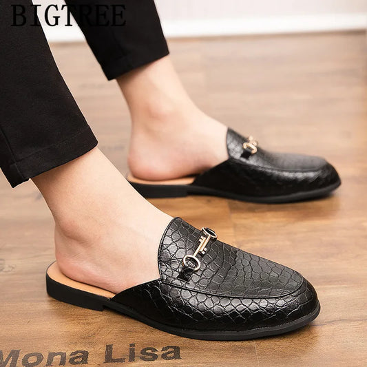 Men's Leather Mules Slippers with Metal Decoration