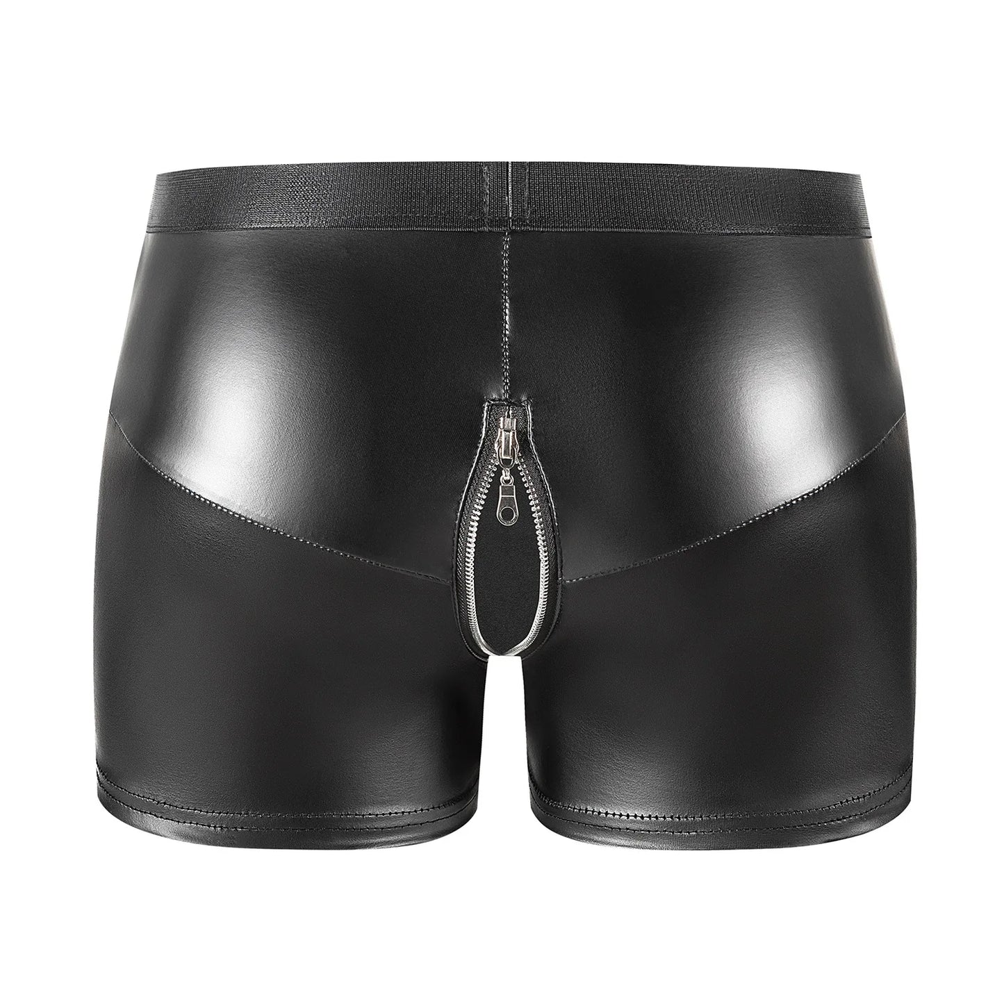 Men's Black PU Leather Boxer Shorts with Zipper U Pouch