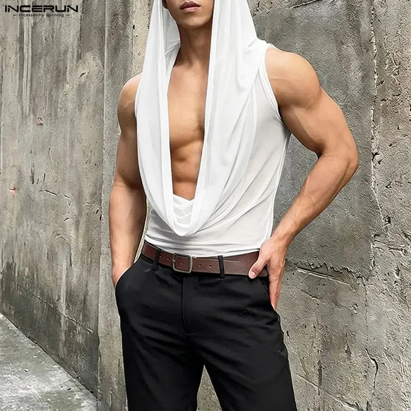 INCERUN Men Tank Tops Mesh See Through Solid Color Vests For Man Streetwear Summer Sleeveless Sexy Tops Menswear Clothing S-3XL