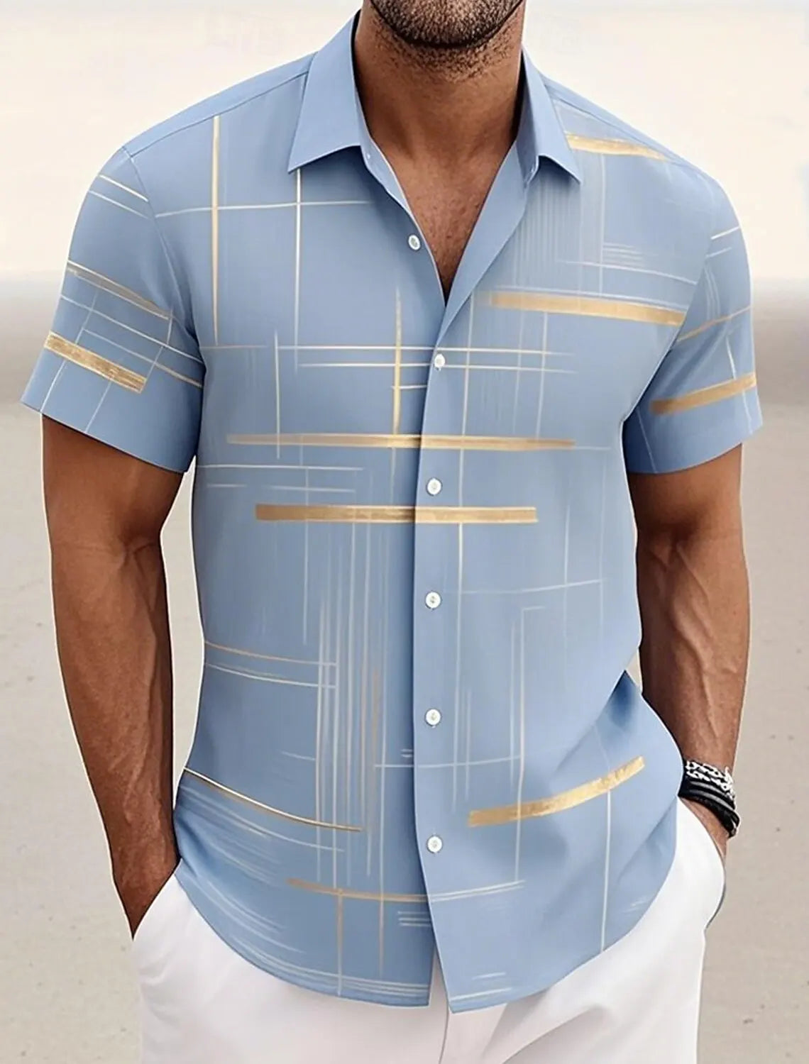 Men's Short Sleeve Geometric Plaid Hawaiian Shirt