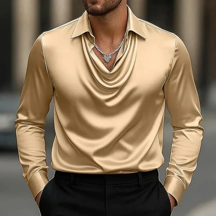 Men's Satin Silk Casual Dress Shirt Long Sleeve