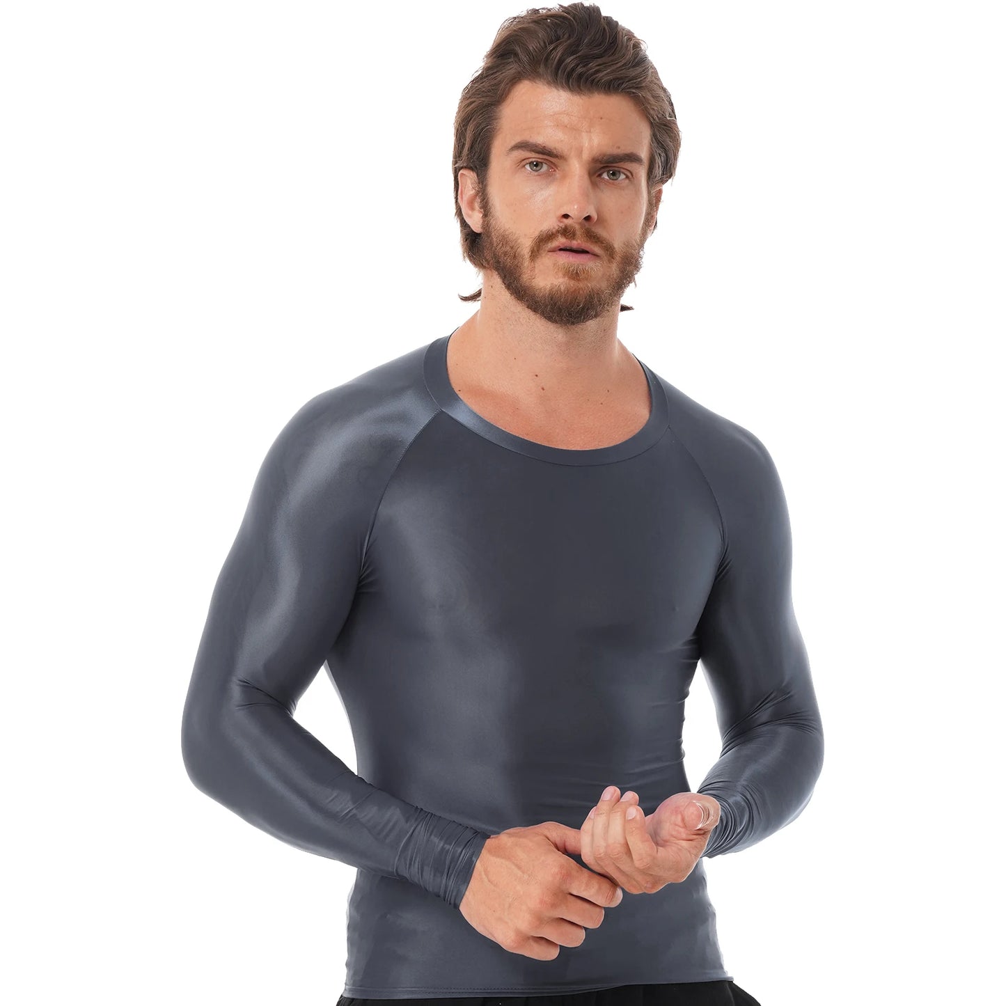 Mens Glossy Sports Tops Long Sleeve T-shirt Solid Color Slim Fit Breathable Fitness Gymnastics Workout Tops Yoga Beach Swimwear