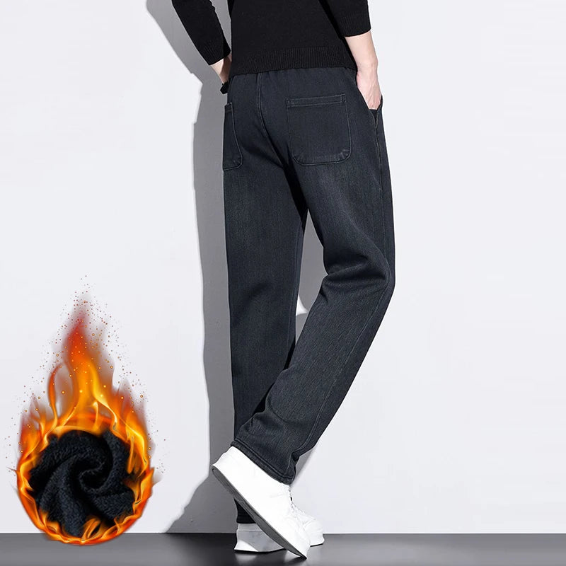 Men's Casual Fleece Thick Jeans Versatile Trendy Retro Elastic Washed Denim Pants Daily Outdoor Loose Cozy Fashion Male Trousers