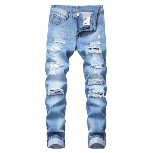 Mens Denim Ripped Straight Jeans for Casual Wear