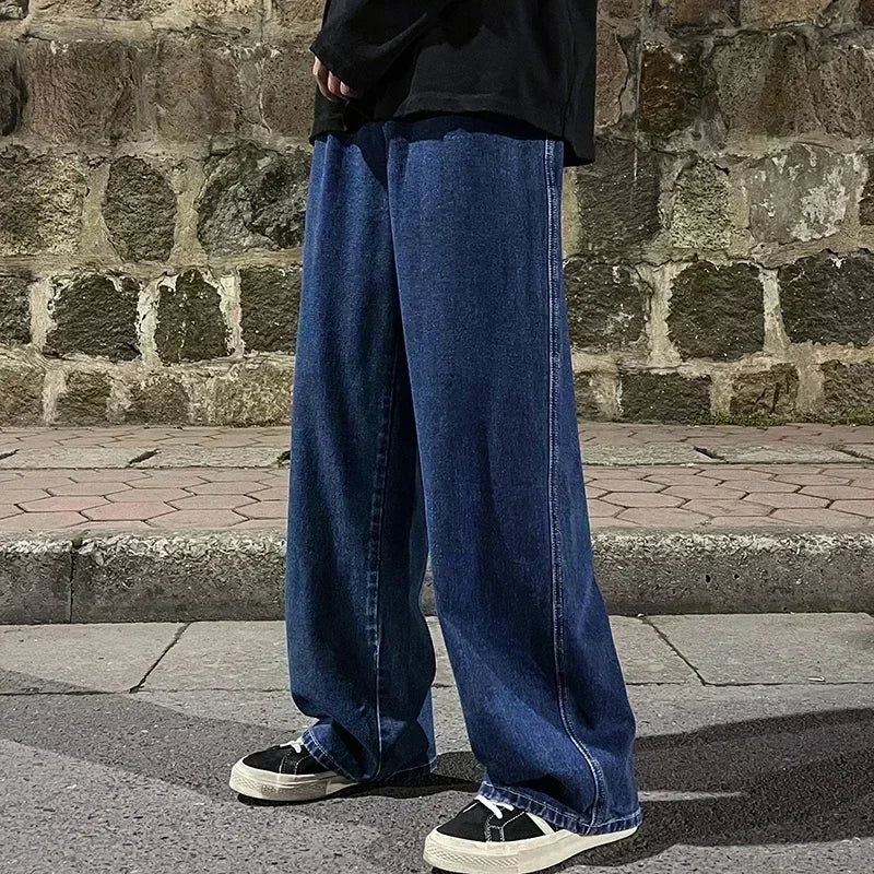 Men's Casual Loose Wide Leg Jeans in Black Grey Blue
