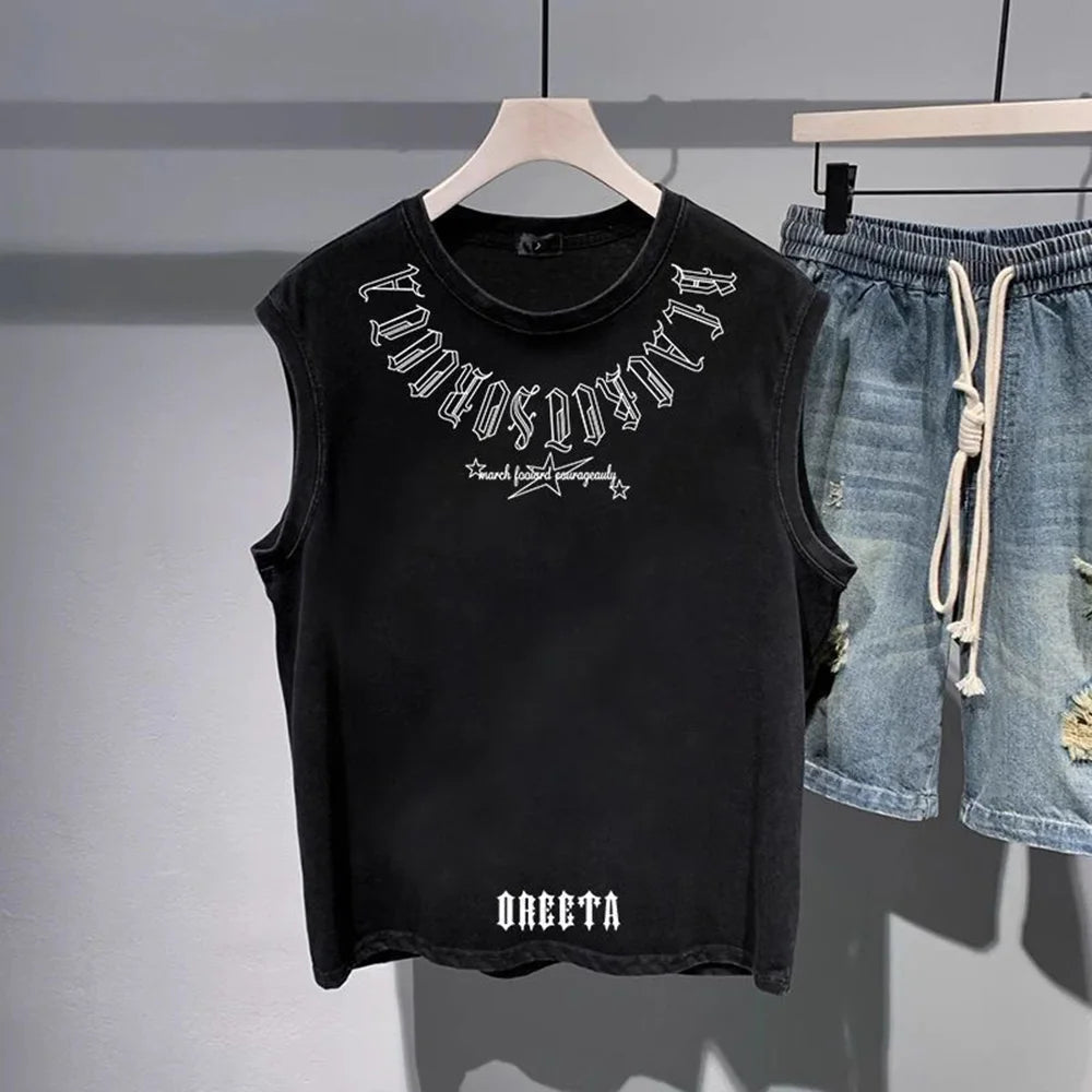 Mens Vest Cotton Trendy Letters Print Chic Tank Tops American High Street Fashionable Sports Casual Sleeveless Tops Summer New