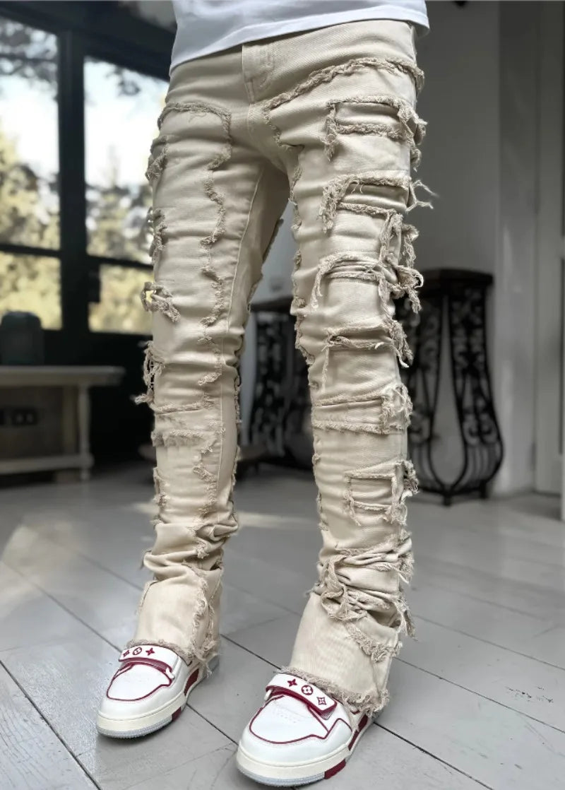 Men's Denim Straight Jeans with Tassels and Pockets
