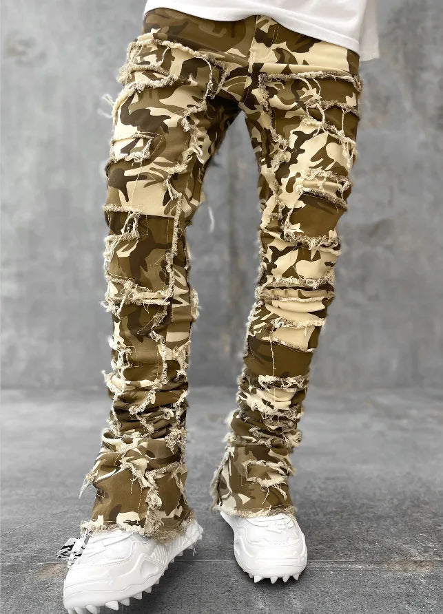 Men's Denim Straight Jeans with Tassels and Pockets