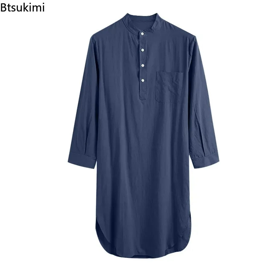 Muslim Fashion Abayas for Men Sleep Robes Solid Cotton Long Sleeve Comfortable Leisure Nightgown Mens Bathrobes Homewear Robes