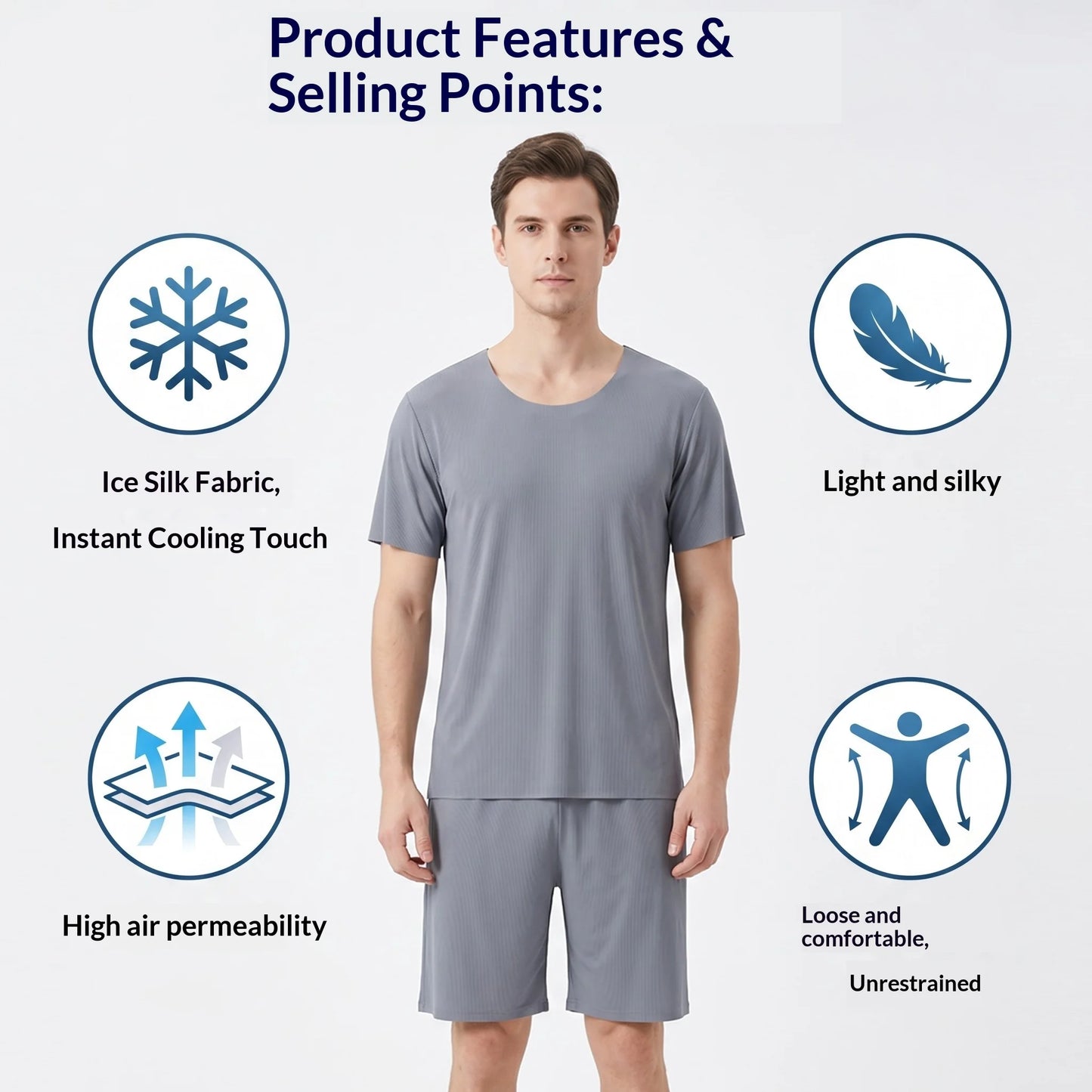 Men's Summer Loungewear Set: Ice-Silk Pajamas, Modal Seamless Round-Neck Lightweight Short-Sleeve T-Shirt, Men's Summer Clothing