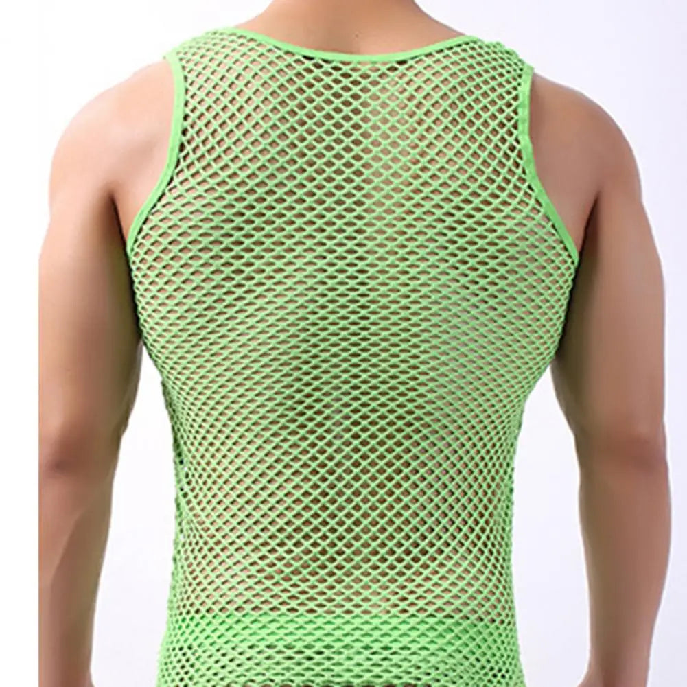 Men's Sleeveless Vests Men Undershirt Mesh See-Through Sleepwear Fish Net Solid Color Vest for Sleeping Perspective Tank Tops