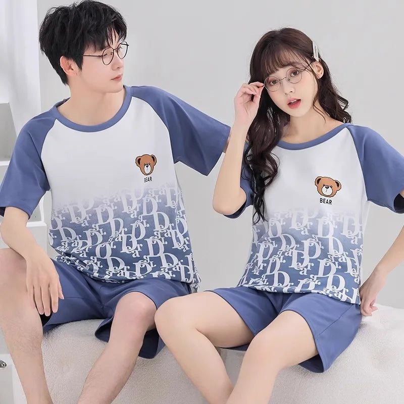Couples Home Suit Women's Sleepwear Suit Man's Pajamas Set Cotton Short Sleeves Sleep Tops Shorts Pyjamas Nightwear Mujer Homme