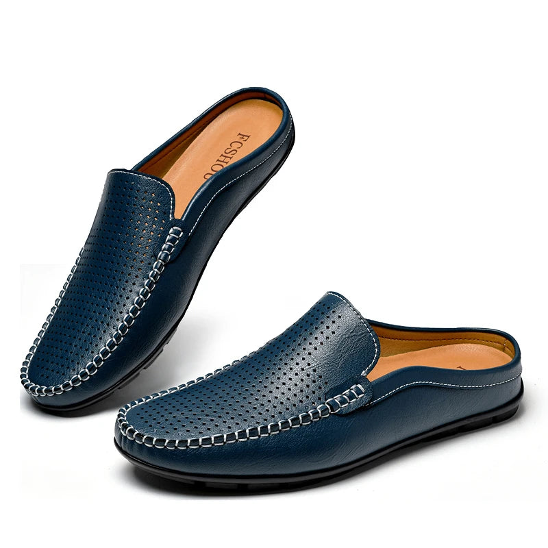 Men's Summer Mules Perforated Leather Slip-On Slippers