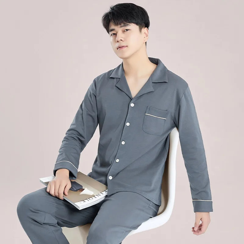 Men's  Cotton Pajamas Set Button-Down Warm Pijamas Hombre Soft Breathable Cotton Sleepwear Homeclothes PJ Grey Loungewear