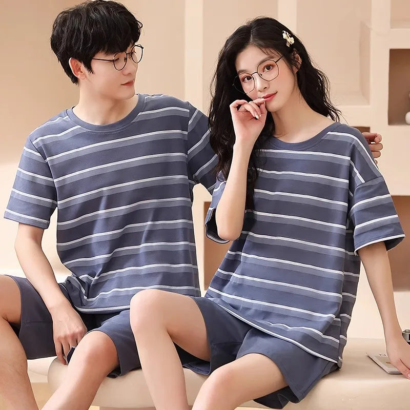 Couples Home Suit Women's Sleepwear Suit Man's Pajamas Set Cotton Short Sleeves Sleep Tops Shorts Pyjamas Nightwear Mujer Homme