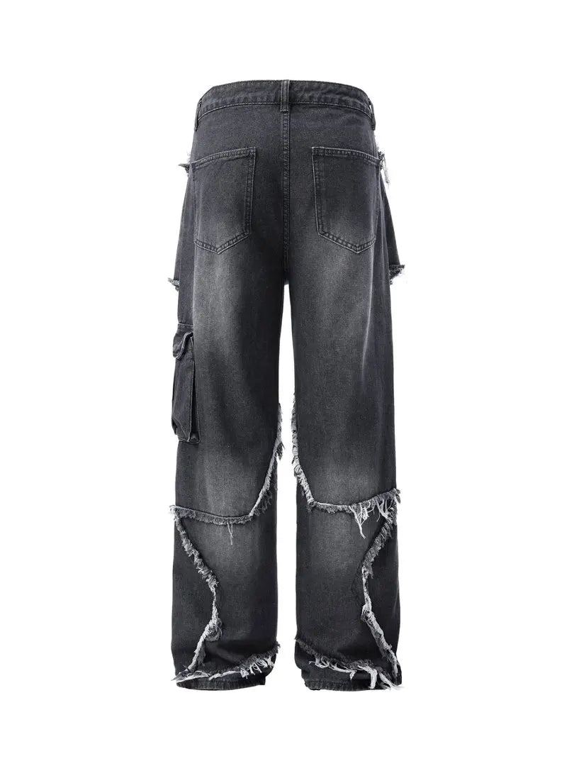 Dark style irregular frayed ripped jeans, men's multi-pocket design, loose drape wide-leg trendy brand long pants