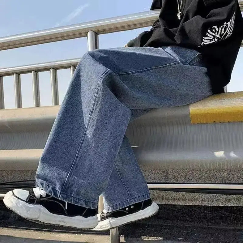 Men's Casual Loose Wide Leg Jeans in Black Grey Blue