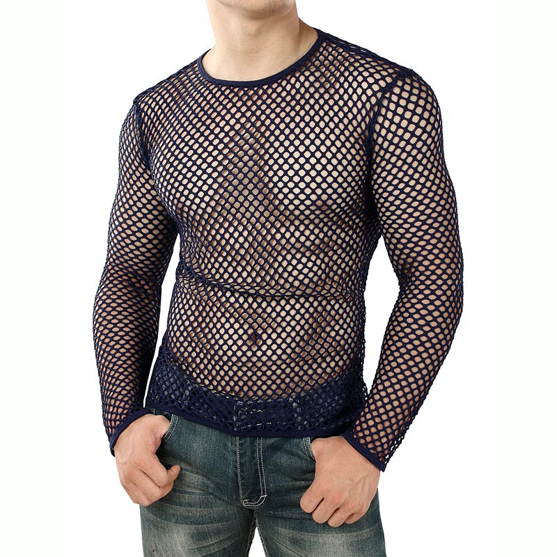 Mens Transparent Sexy Mesh T Shirt  New See Through  Fishnet Long Sleeve Muscle Undershirts Nightclub Party Perform Top Tees
