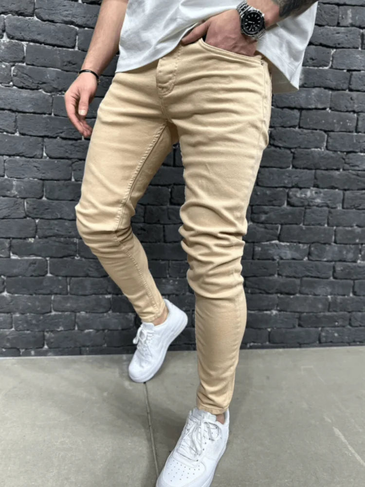 Men's Khaki Skinny Jeans Casual Denim Pants