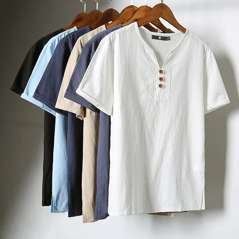 Men's Casual V Neck Short Sleeve Linen T-shirt