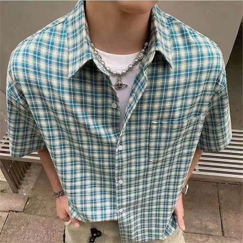 Blue Plaid Short Sleeve Men's Casual Shirt