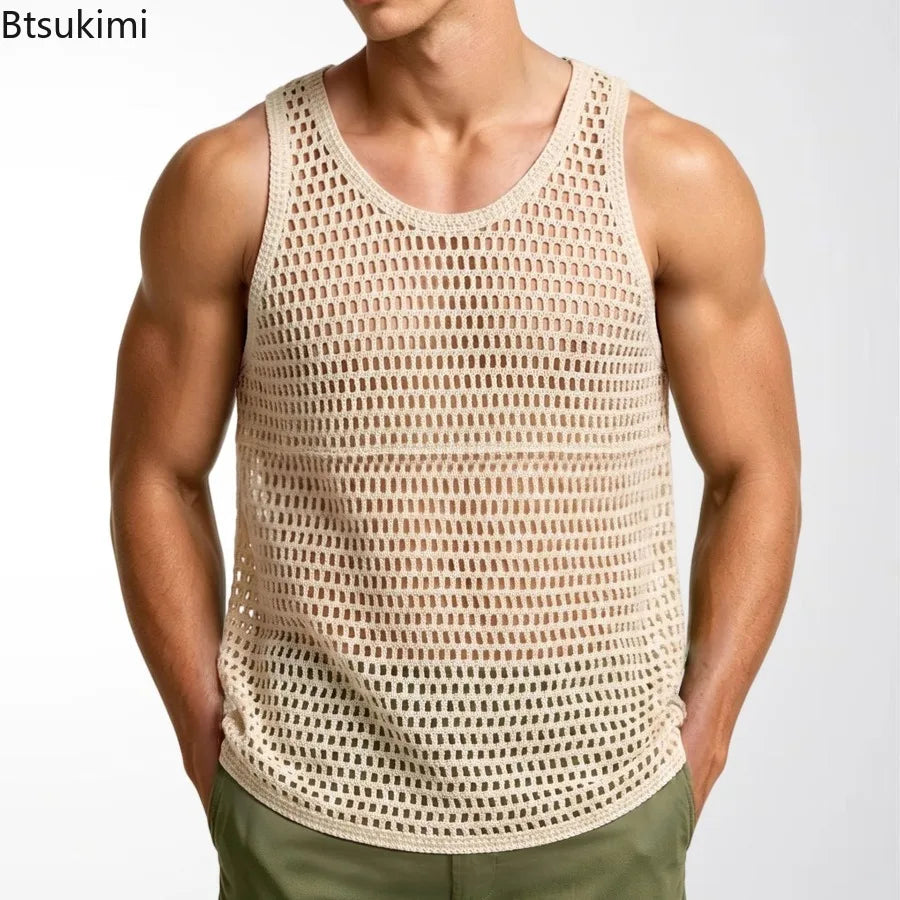 New Summer Men Sexy Mesh Tank Tops Transparent Fishnet Tops Male Vintage Knitted Sleeveless Tops Hollow Out Sports Fitness Tees