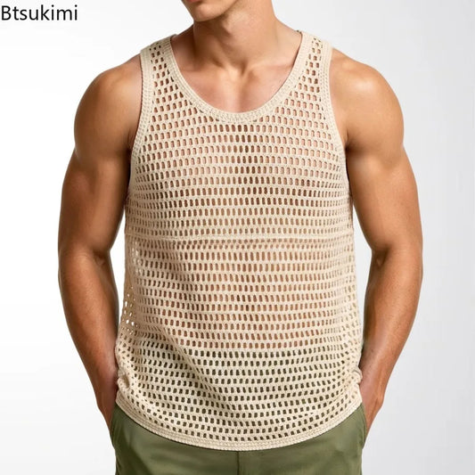 New Summer Men Sexy Mesh Tank Tops Transparent Fishnet Tops Male Vintage Knitted Sleeveless Tops Hollow Out Sports Fitness Tees