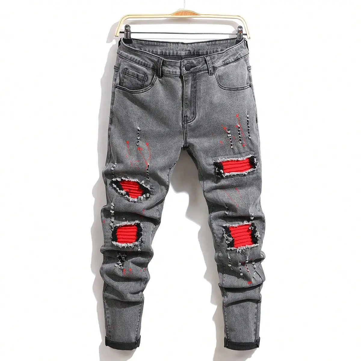 Men's High Stretch Skinny Biker Denim Jeans with Patchwork