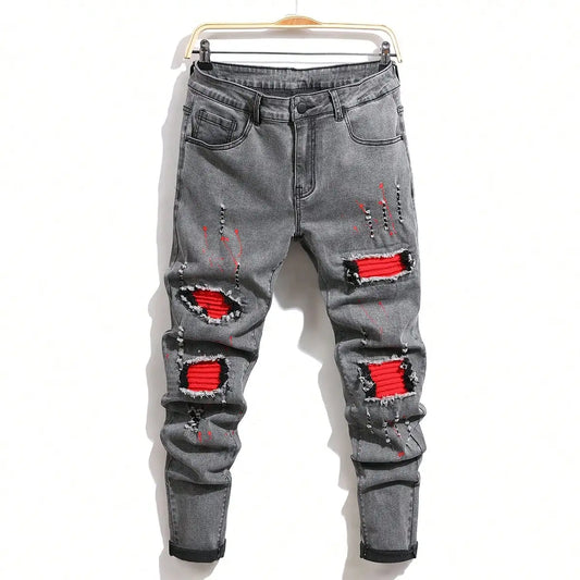 Men's High Stretch Skinny Biker Denim Jeans with Patchwork