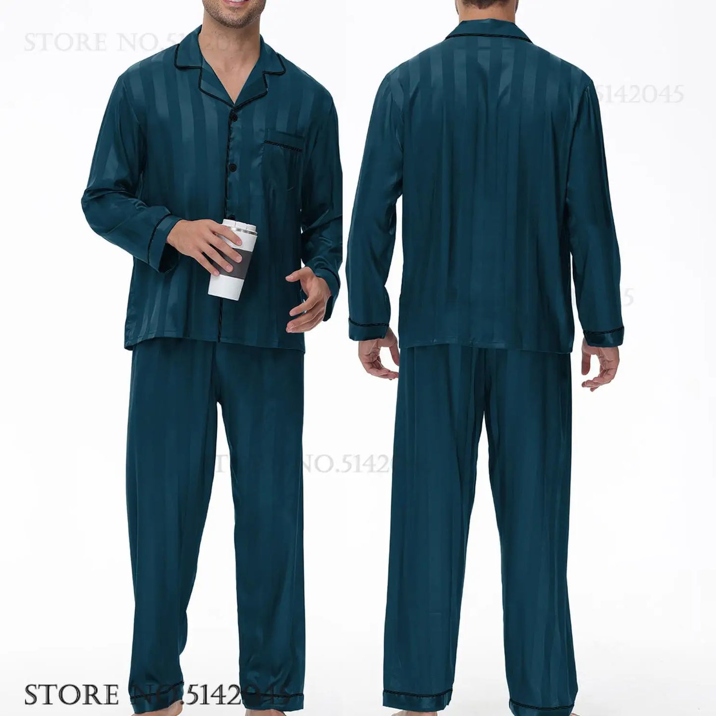 Men Pajamas Sleepwear 2PCS Set Navy Blue Stripes Long Sleeve Trouser Suits Home Clothes Male Loose Silk Satin Pijamas Loungewear
