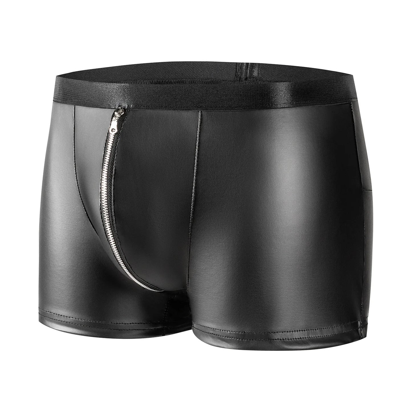 Men's Black PU Leather Boxer Shorts with Zipper U Pouch